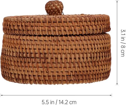 Handwoven Rattan Storage Box with Lid, Small Round Wicker Basket for Desktop Organization, Bathroom Shelf, Dresser, Natural Boho Home Decor Organizer in Saudi Arabia