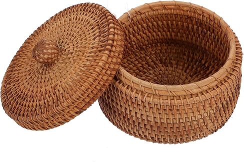 Handwoven Rattan Storage Box with Lid, Small Round Wicker Basket for Desktop Organization, Bathroom Shelf, Dresser, Natural Boho Home Decor Organizer in Saudi Arabia
