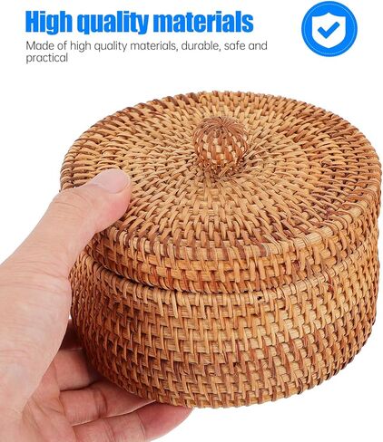Handwoven Rattan Storage Box with Lid, Small Round Wicker Basket for Desktop Organization, Bathroom Shelf, Dresser, Natural Boho Home Decor Organizer in Saudi Arabia