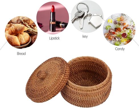 Handwoven Rattan Storage Box with Lid, Small Round Wicker Basket for Desktop Organization, Bathroom Shelf, Dresser, Natural Boho Home Decor Organizer in Saudi Arabia