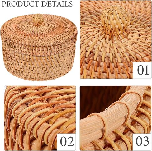 Handwoven Rattan Storage Box with Lid, Small Round Wicker Basket for Desktop Organization, Bathroom Shelf, Dresser, Natural Boho Home Decor Organizer in Saudi Arabia