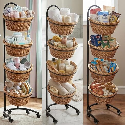 4 Tier Retail Display Stand with Wheels & Sign Clips, Brown Retail Display Rack Basket Stand, Farmers Market Display, Metal Market Display in Saudi Arabia