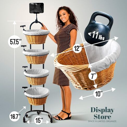 4 Tier Retail Display Stand with Wheels & Sign Clips, Brown Retail Display Rack Basket Stand, Farmers Market Display, Metal Market Display in Saudi Arabia