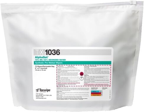 ممسحة Texwipe TX1036 AlphaSat مقاس 6 بوصات × 6 بوصات مصنوعة من البوليستر لغرف الأبحاث مبللة مسبقًا بنسبة 70% IPA (عبوة من 75 قطعة) in Kuwait