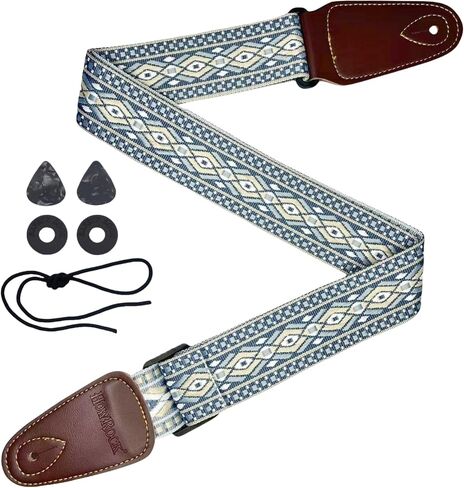 حزام الغيتار قابل للتعديل باس القيثارات الصوتية الكهربائية القيثارة الأزرق الأصفر الأبيض Argyle الجاكار التطريز القطن الكتف الأشرطة حزام مع منزلق الكربون الأسود لعازفي الجيتار in Kuwait