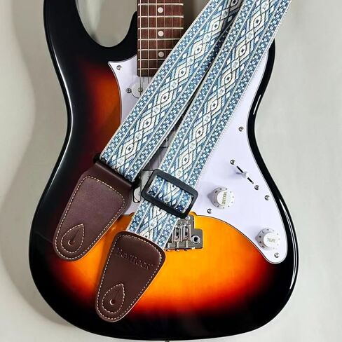 حزام الغيتار قابل للتعديل باس القيثارات الصوتية الكهربائية القيثارة الأزرق الأصفر الأبيض Argyle الجاكار التطريز القطن الكتف الأشرطة حزام مع منزلق الكربون الأسود لعازفي الجيتار in Kuwait