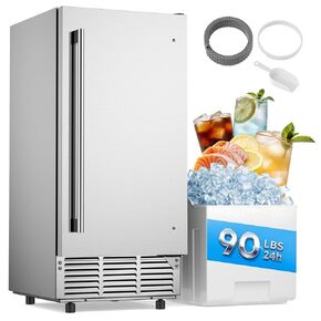 Under Counter Ice Maker Machine - 90Lbs/24H, 35Lbs Storage Bin, Freestanding & Bulit-in Commercial Ice Maker | Self-Cleaning | Reversible Door | Commercial Ice Machine | Full Stainless Steel in Kuwait