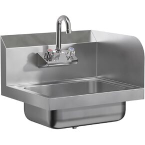 Stainless Steel Hand Sink with Right Side Splash Guard 15" x 17" | Commercial Wall Mount Hand Basin with Gooseneck Faucet, Strainer, Back Splash | NSF Certified in Kuwait