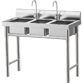 حوض مكون من 3 أقسام مع صنبور، مقاس 39*18*35.8 في حوض تجاري من الفولاذ المقاوم للصدأ شديد التحمل مع صنبورين وأنابيب مياه ساخنة وباردة للمطبخ والمطعم وغرفة المرافق والجراج in Kuwait