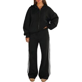 Akmipoem Sweatsuits النساء 2 قطعة الزي زمم هوديي سترة مخطط واسعة الساق Sweatpants Athleisure رياضية صالة مجموعة in Kuwait