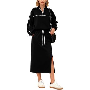 Womens Long Sleeve Skirt Sets Pullover Top Casual Polo Shirt Skirt Matching Set Lounge Set with Pockets in Kuwait