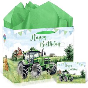 EoBeCy Tractor Birthday Gift Bags with Handles, Tissue Papers and Card, Farm Themed Wrapping Paper for Baby Boys Kids Men Birthday Party Decorations in Kuwait