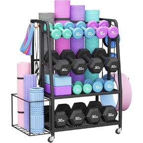 حامل دمبل من VOPEAK لصالة الألعاب الرياضية المنزلية، حامل حامل وزن قابل للتعديل مع عجلات، منظم تخزين فولاذي شديد التحمل للدمبل وحصيرة اليوغا، مع عجلات قفل وخطافات جانبية in Kuwait