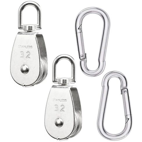 2PCS Stainless Steel M25 Single Pulley Block Sets with Spring Snap Hook, Lifting Crane Single Wheel Swivel Snatch Pulley Block 1" Sheave Pulley Roller,Loading 330lbs/150kg in Kuwait