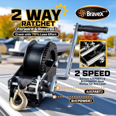 Bravex Boat Trailer Winch 3500lbs with 33FT Strap, Heavy Duty Portable Hand Winch 2 Way Ratchet Ratchet 4:1/8:1 Gear Ratio, Manual Handle Winch Crank Winch for Boat, Trailer, Marine in Kuwait