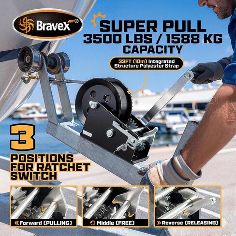 Bravex Boat Trailer Winch 3500lbs with 33FT Strap, Heavy Duty Portable Hand Winch 2 Way Ratchet Ratchet 4:1/8:1 Gear Ratio, Manual Handle Winch Crank Winch for Boat, Trailer, Marine in Kuwait