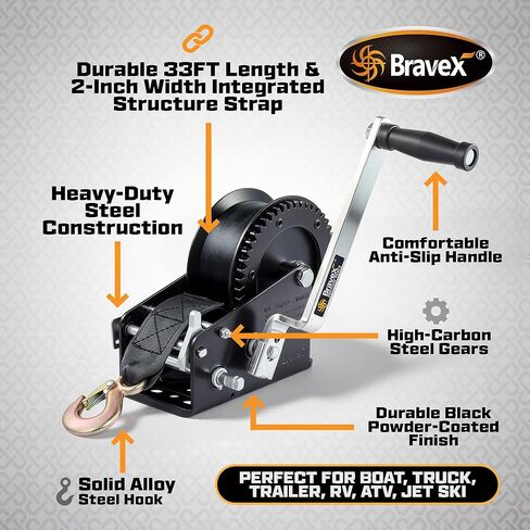 Bravex Boat Trailer Winch 3500lbs with 33FT Strap, Heavy Duty Portable Hand Winch 2 Way Ratchet Ratchet 4:1/8:1 Gear Ratio, Manual Handle Winch Crank Winch for Boat, Trailer, Marine in Kuwait