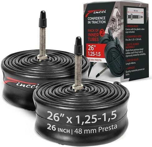 Fincci 26 x 1.25/1.50 Inch Bike Inner Tube – 48mm Presta Valve – Butyl Rubber, Fits Mountain, Hybrid & Road Bikes – Pack of 2 in Saudi Arabia