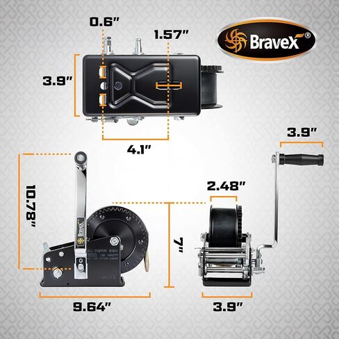Bravex Boat Trailer Winch 3500lbs with 33FT Strap, Heavy Duty Portable Hand Winch 2 Way Ratchet Ratchet 4:1/8:1 Gear Ratio, Manual Handle Winch Crank Winch for Boat, Trailer, Marine in Kuwait