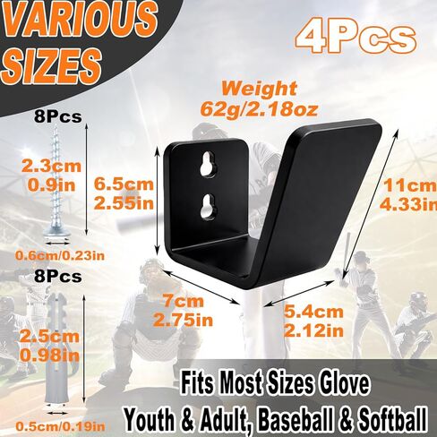 4 قطع من قفازات البيسبول، حامل عرض مثبت على الحائط، حافظة منظمة لحامل البيسبول العمودي من الأكريليك، تثبيت لاصق بدون حفر، يحافظ على شكل القفاز، ديكور لكهف غرفة النوم in Kuwait