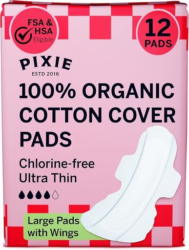 Pixie Organic Cotton Large Pads for Women - Maximum Protection When You Need It - Extra Heavy Absorbency with Wings - Leak-Proof, Hypoallergenic & Unscented - Compostable, Biodegradable - 12 Count in Kuwait