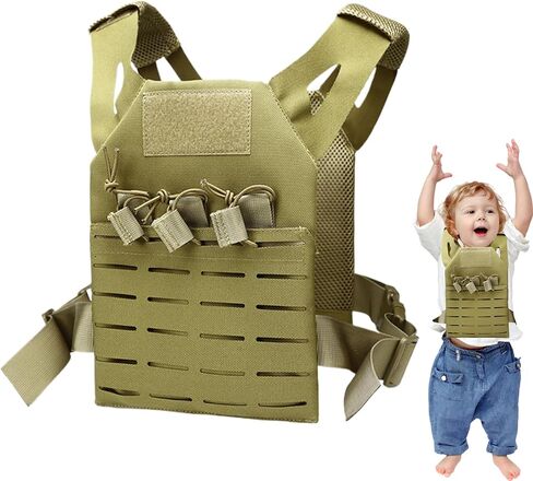 Kids Vest, Waterproof & Wear-Resistant Nylon Vest with Adjustable Belt One Size Airsoft Kids Costume with Hidden Pocket for Outdoor Hunting Training, Khaki, sports in Kuwait