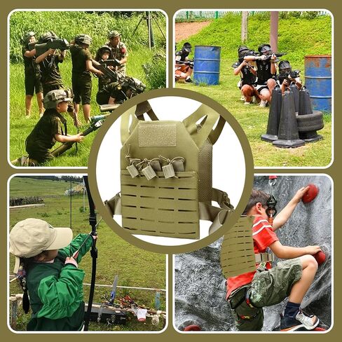 Kids Vest, Waterproof & Wear-Resistant Nylon Vest with Adjustable Belt One Size Airsoft Kids Costume with Hidden Pocket for Outdoor Hunting Training, Khaki, sports in Kuwait