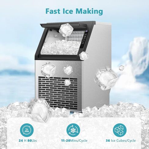 COWSAR Commercial Ice Maker Machine, 80Lbs/24H Stainless Steel Undercounter Ice Maker with 24Lbs Storage Capacity, Self-Cleaning Freestanding Ice Machine for Home, Bar, Restaurant, Office, Outdoor in Kuwait