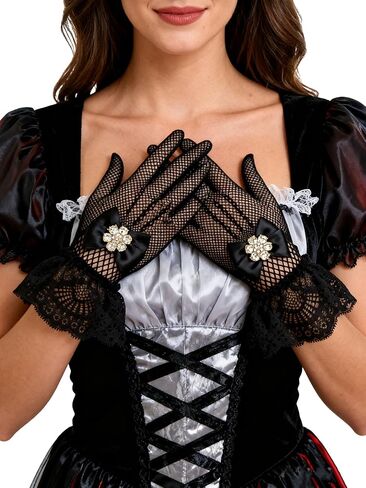 YHDDYG Fishnet Gloves with Rhinestone Bow & Lace Trim – Elastic Wrist-Length Gloves for Tea Part Evening Dress S67 in Kuwait
