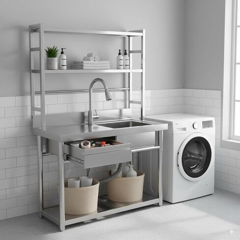 39.3'' Stainless Steel Utility Sink with Shelves & Left Drawer & Cold and Hot Water Pipes & Pull-Out Faucet & Adjustable Legs, Laundry Sink with Cabinet for Kitchen Garage Laundry Room (Right Bowl) in Saudi Arabia