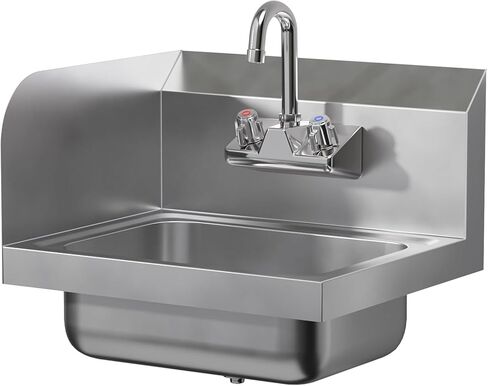Stainless Steel Hand Sink with Right Side Splash Guard 15" x 17" | Commercial Wall Mount Hand Basin with Gooseneck Faucet, Strainer, Back Splash | NSF Certified in Saudi Arabia