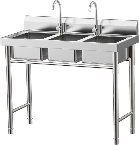 حوض مكون من 3 أقسام مع صنبور، مقاس 39*18*35.8 في حوض تجاري من الفولاذ المقاوم للصدأ شديد التحمل مع صنبورين وأنابيب مياه ساخنة وباردة للمطبخ والمطعم وغرفة المرافق والجراج in Kuwait