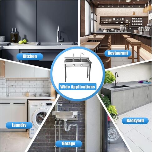 حوض مكون من 3 أقسام مع صنبور، مقاس 39*18*35.8 في حوض تجاري من الفولاذ المقاوم للصدأ شديد التحمل مع صنبورين وأنابيب مياه ساخنة وباردة للمطبخ والمطعم وغرفة المرافق والجراج in Kuwait