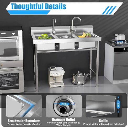 حوض مكون من 3 أقسام مع صنبور، مقاس 39*18*35.8 في حوض تجاري من الفولاذ المقاوم للصدأ شديد التحمل مع صنبورين وأنابيب مياه ساخنة وباردة للمطبخ والمطعم وغرفة المرافق والجراج in Kuwait