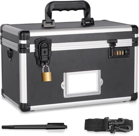 Lockable Storage Box with Combination & Key Lock – Large Lock Box with Shoulder Strap & Label Slot, Portable Security Chest for Document, Medicine & Valuable, 13.4x7.6x8.2in Tactical Black in Saudi Arabia