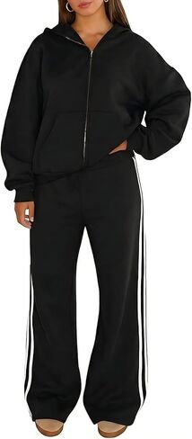 Akmipoem Sweatsuits النساء 2 قطعة الزي زمم هوديي سترة مخطط واسعة الساق Sweatpants Athleisure رياضية صالة مجموعة in Kuwait