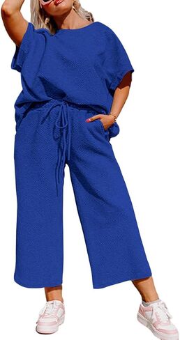 TOPSRANI Womens Plus Size Casual Sweatsuits Tracksuit Short Sleeve Lounge 2 Piece Outfits Baggy Wide Leg Crop Pants Sets in Kuwait