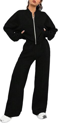 HBER Women's 2 Piece Lounge Sets Fall Zip Up Jacket and Wide Leg Pants Travel Matching Sweatsuits Outfits Sets in Kuwait
