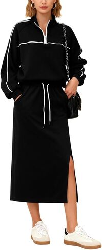 Womens Long Sleeve Skirt Sets Pullover Top Casual Polo Shirt Skirt Matching Set Lounge Set with Pockets in Kuwait