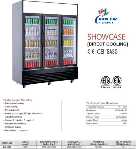 Commercial Refrigerator Glass 3-Door Merchandiser Display Cooler,Beverage Drink Cooler, ETL,NSF certified, Bottom-Mounted 74 inches width, capacity 69 cuft 110V, Restaurant Kitchen Cafe in Kuwait