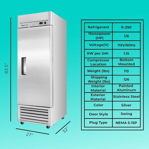 Frigos FG-RF-1D 27" Solid Single Door Commercial Refrigerator 21 Cu Ft - Stainless Steel Exterior ETL Certified with LED Lighting - Commercial Cooler 1/6 HP Compressor Included Liftgate in Kuwait