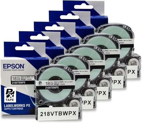 خرطوشة شريط أصلية Epson LABELWORKS 218VTBWPX-5PK - عبوة من 5 وحدات من شريط صانع الملصقات الصناعية من الفينيل المرن والمتين باللون الأسود على الأبيض - عرض 3/4 بوصة (18 مم)، 22.9 قدمًا - 5 عبوات in Saudi Arabia