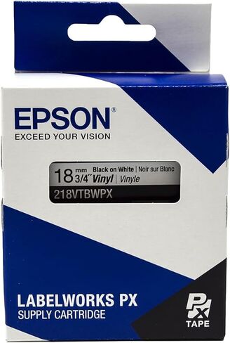 خرطوشة شريط أصلية Epson LABELWORKS 218VTBWPX-5PK - عبوة من 5 وحدات من شريط صانع الملصقات الصناعية من الفينيل المرن والمتين باللون الأسود على الأبيض - عرض 3/4 بوصة (18 مم)، 22.9 قدمًا - 5 عبوات in Saudi Arabia