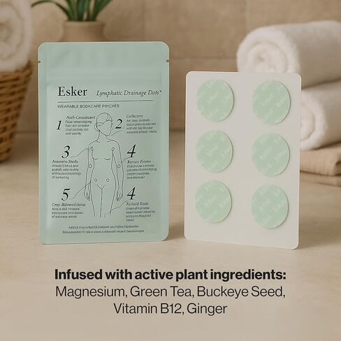 Esker - نقطة التصريف اللمفاوي - رقع دعم لمفاوي يمكن ارتداؤها مع المغنيسيوم والشاي الأخضر والزنجبيل - نقاط تنشيط تدليك الجسم لإزالة الانتفاخ (36 رقعة) in Saudi Arabia