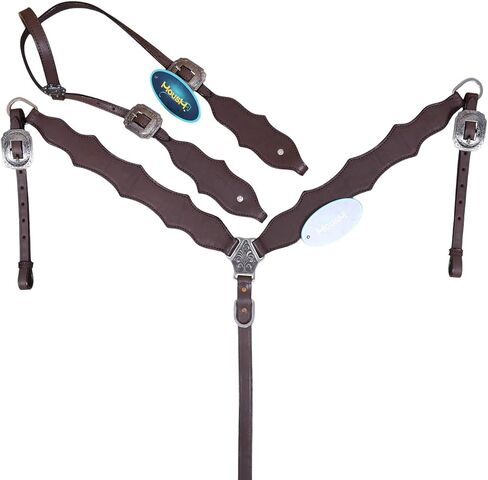 مجموعة أدوات تثبيت على الرأس وياقة الصدر من Western للخيول، جلد بقر أصلي من الأرجنتين بلون بني داكن سادة، مجموعة كلاسيكية مصنوعة يدويًا in Kuwait