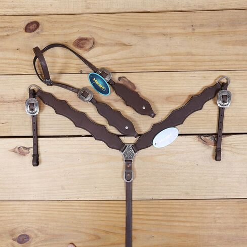 مجموعة أدوات تثبيت على الرأس وياقة الصدر من Western للخيول، جلد بقر أصلي من الأرجنتين بلون بني داكن سادة، مجموعة كلاسيكية مصنوعة يدويًا in Kuwait
