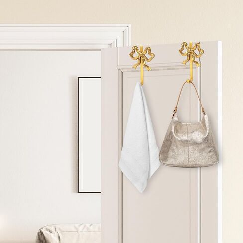 JarThenaAMCS 2Pcs Valentine's Day Gold Bow Over The Door Hooks Metal Door Hanger Hook Coquette Towel Coat Hanger for Home Kitchen Bedroom Bathroom Decor in Saudi Arabia