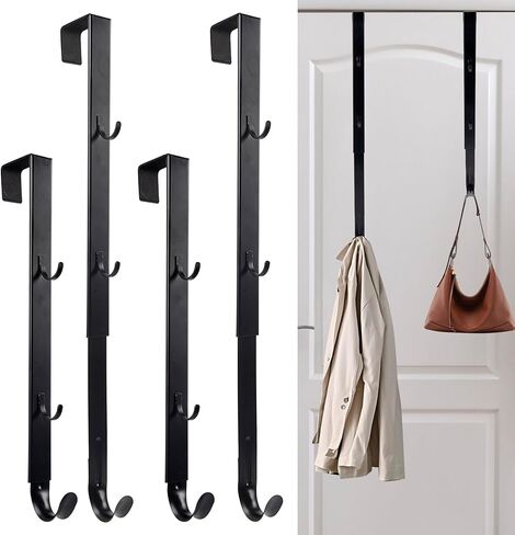 Over The Door Hooks - 4 PCS Adjustable Door Hanger with 12 Hook, 15-25'' Towel Rack Organizer for Bathroom, Heavy Duty Door Hook for Hanging Wreath Coat Clothes Hat, Shower Room Dorm Bedroom Essential in Saudi Arabia