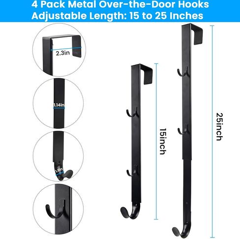 Over The Door Hooks - 4 PCS Adjustable Door Hanger with 12 Hook, 15-25'' Towel Rack Organizer for Bathroom, Heavy Duty Door Hook for Hanging Wreath Coat Clothes Hat, Shower Room Dorm Bedroom Essential in Saudi Arabia