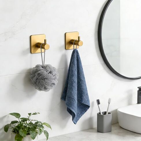 2 Pack Large Heavy Duty Adhesive Hooks, Waterproof Self Adhesive Wall Hangers for Hanging Towel Coat Keys, Strong Sticky Hooks for Bathroom Shower Kitchen Door Outdoor Home Utility （Gold in Saudi Arabia